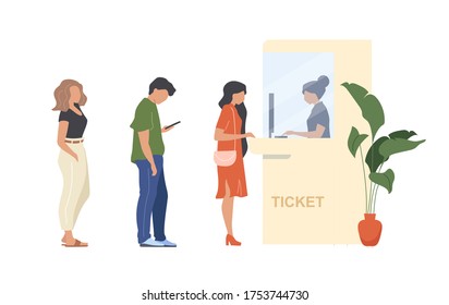 People buy ticket flat color vector faceless characters. Queue to admission booth. Person wait in crowd. Booking pass service isolated cartoon illustration for web graphic design and animation