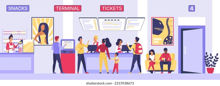 People buy tickets for film premiere in cinema theater lobby vector illustration. Cartoon movie theatre interior with characters at popcorn store counter, entrance to hall and actress poster, terminal