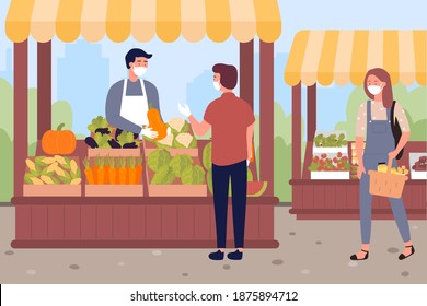 People buy vegetables and fruits at farm market vector illustration. Cartoon farmer vendor and buyer characters wearing face masks, safe grocery shopping with protective measures against coronavirus