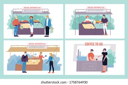 People buyer, salesman character in protective facial mask avoid close contact during shopping at grocery shop, servicing at cafe set. Contactless communication to prevent covid-19 infection outbreak