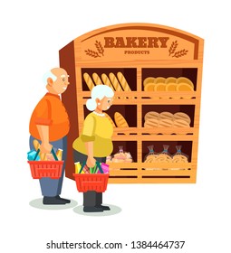 People buyers in shopping mall. Bakery shop building facade, store. Elderly couple with purchases, grandfather and grandmother bakery buyers. Interior of store, mall, shopping center. Cartoon vecto