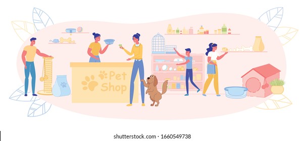 People Buying Accessories for Domestic Animals at Pet Shop Flat Cartoon Vector Illustration. Client Ordering Bowl for Food and Toys. Dogs Touching Woman. Customers Walking around Store.