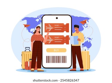 Pessoas comprando passagens aéreas. Homem e mulher perto do smartphone com passagens de avião. Férias e férias. Viagens e turismo, voo. Ilustração de vetor plano isolada no plano de fundo branco