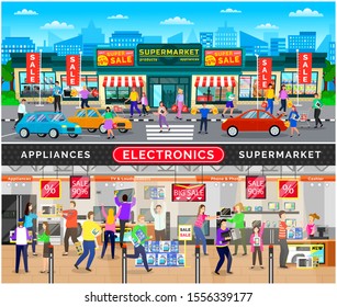 People buying appliances and devices in electronics. Supermarket exterior and interior with clients holding new items. Tv sets and gadgets on sale. Discounts special reductions. Vector in flat