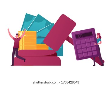 People Buying Assets or Real Estate on Auction Concept. Tiny Male Female Characters near Huge Gavel, Auctioneer Holding Calculator with Golden Coins and Bills around. Cartoon Vector Illustration