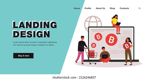 Gente comprando bitcoin en el ordenador. Hombre y mujer intercambiando en línea en la bolsa de valores en una laptop. Inversión en criptodivisa. Moneda criptográfica, concepto de moneda digital. Ilustración vectorial plana.