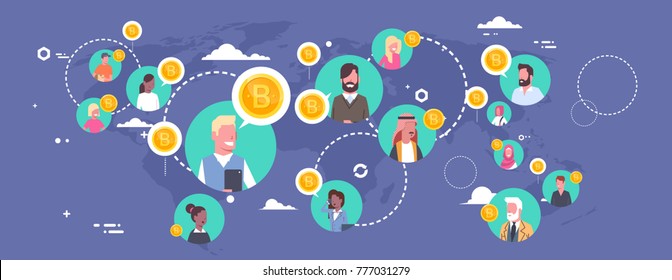 People Buying Bitcoins Over World Map Modern Digital Money Network Crypto Currency Concept Vector Illustration