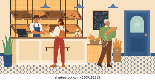 People buying bread at bakehouse store vector illustration