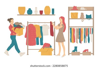 People buying and bringing used goods to charity shop, flat vector illustration isolated on white background. Happy woman looking at clothes in second hand shop or garage sale.