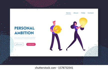 People Buying Business Ideas Website Landing Page. Man Holding Huge Golden Coin in Hands, Woman Carry Glowing Light Bulb. Creativity, Brainstorm Web Page Banner. Cartoon Flat Vector Illustration