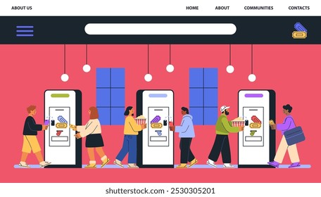 People buying cinema tickets from kiosks modern flat design. The scene depicts individuals purchasing tickets and holding snacks in a vibrant indoor setting with windows and hanging lights. Website