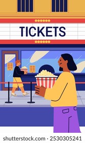 People buying cinema tickets popcorn queueing outside theater colorful building modern flat design