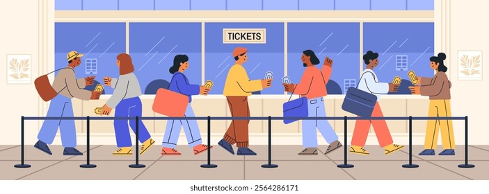 People buying cinema tickets queue flat colorful illustration. Diverse group standing in line at ticket counter holding tickets background modern interior