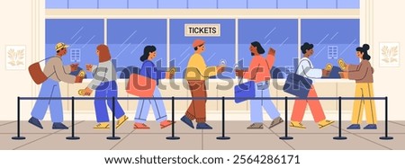 People buying cinema tickets queue flat colorful illustration. Diverse group standing in line at ticket counter holding tickets background modern interior