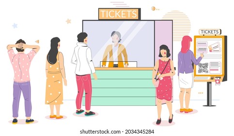 People Buying Cinema Tickets At Self Service Terminal And At Movie Ticket Counter Standing In Queue, Flat Vector Illustration. Cinema Box Office Vs Self Service Kiosk. Entertainment Industry.