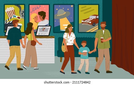 People buying cinema tickets at self service terminal. Cinema and show entertainment industry concept vector illustration. Couple at movie ticket counter standing in queue