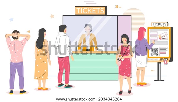 People buying cinema tickets at self service\
terminal and at movie ticket counter standing in queue, flat vector\
illustration. Cinema box office vs self service kiosk.\
Entertainment industry.