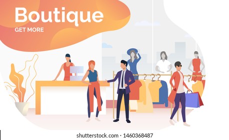 People buying clothes and carrying shopping bags in boutique. Fashion outlet, boutique concept. Poster or landing template. Vector illustration for topics like business, shopping, sale