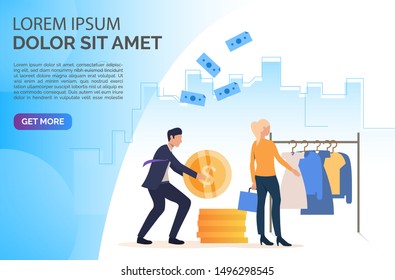People buying clothes with cash webpage. Cash, money, shopping, store. Shopping concept. Vector illustration for website, landing page, online store