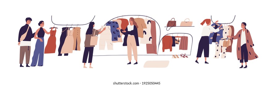 People buying clothes in fashion shop. Happy women choosing apparel in modern retail store. Colored flat cartoon vector illustration of customers in boutique or outlet isolated on white background