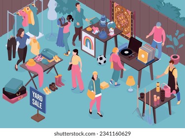 People buying clothes garden supplies vinyl records and other goods at garage sale isometric vector illustration