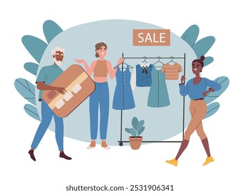 Personas comprando ropa. Hombre y mujeres cerca de perchas con prendas de moda y de moda. Venta, descuento y promoción. Ilustración vectorial plana aislada sobre fondo blanco