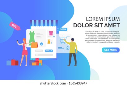 People buying clothes online with sample text. Application, offer, advertisement, fashion concept, presentation slide template. Can be used for topics like sale, shopping, marketing