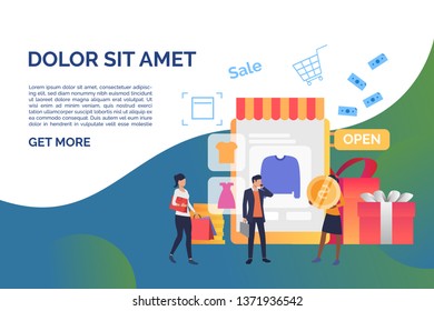 People buying clothes in online shop with sample text. Purchase, shop, retail, sale concept. Presentation slide template. Vector illustration can be used for topics like business, shopping, marketing