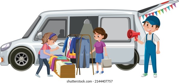 People buying clothes at yard sale illustration