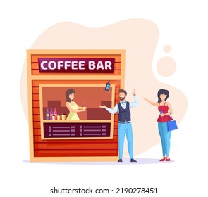 People Buying Coffee Drinks At Street Coffee Shop. Woman Employee At Workplace Serving Customers. Male Barista Juggling Bottle In Front Of Takeaway Kiosk. Street Food Festival Flat Vector