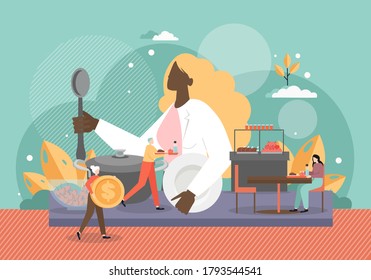 People buying and eating meals in canteen dining room, vector flat illustration. Male and female characters having lunch, snack in cafe, food court, cafeteria, student or company staff canteen.