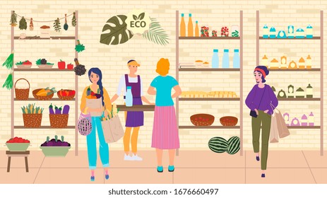 People buying eco products in shop, store of healthy organic food, vector illustration. Grocery shopping, women cartoon characters. Eco friendly lifestyle, organic fruits and vegetables in vegan shop