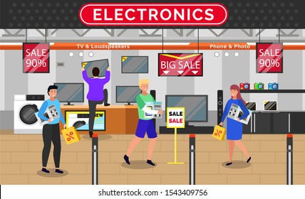 People buying electronic devices on sale. Electronics shop with customers and product. Washing machine and tv set, camera and photo, loudspeakers. Man and woman with new items. Vector in flat