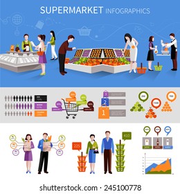 People buying food products in supermarket infographics set with charts vector illustration