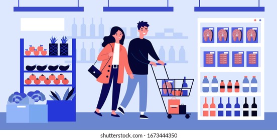 People buying food at supermarket flat vector illustration. Cartoon customers with cart walking down aisle, choosing products and grocery goods in store. Retail and consumerism concept.