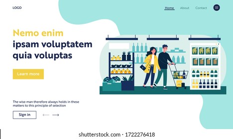 People buying food at supermarket flat vector illustration. Cartoon customers with cart walking down aisle, choosing products and grocery goods in store. Retail and consumerism concept.