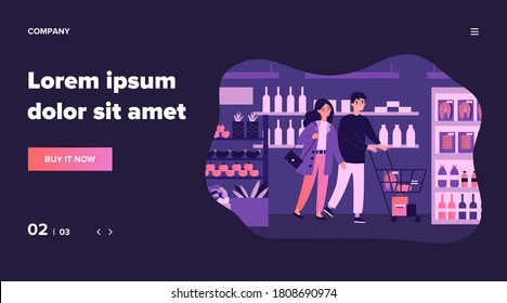 People buying food at supermarket flat vector illustration. Cartoon customers with cart walking down aisle, choosing products and grocery goods in store. Retail and consumerism concept.