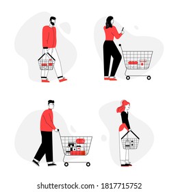 People buying food in supermarket isolated set. Men and women with baskets or shopping trolley choosing products. Vector character illustration of customers at grocery store in graphic linear style