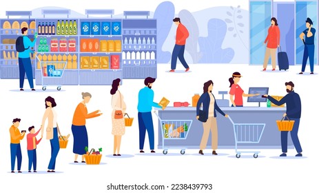 People buying food in supermarket, line at cash desk, grocery store customers, vector illustration