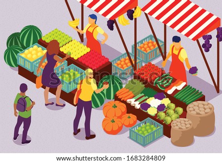 People buying fresh fruit and vegetables at outdoor farm market 3d isometric composition vector illustration