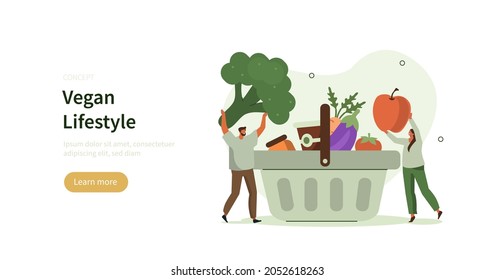 People buying fresh fruits and vegetables for healthy vegan diet. Characters putting healthy food in grocery basket. Vegan lifestyle concept. Flat cartoon vector illustration.