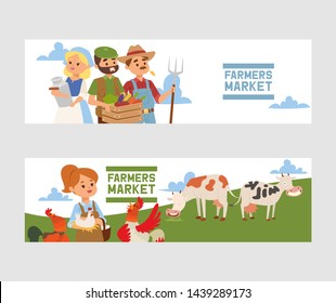 People buying fresh local vegetable from farm market vector banner illustration. Milk farm shop flyer. Business people raw food store. Organic products summer garden nutrition.