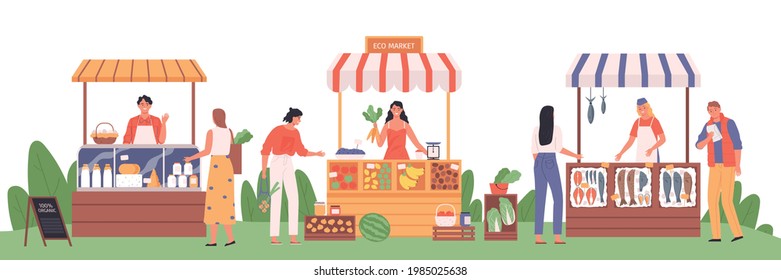 People buying fresh vegetables fruits fish and dairy products at local eco market flat vector illustration