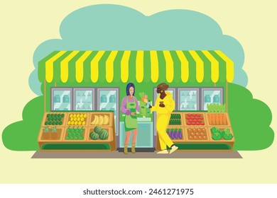 people buying groceries customers using online mobile app social media network communication concept modern grocery shop interior sketch full length horizontal vector illustration