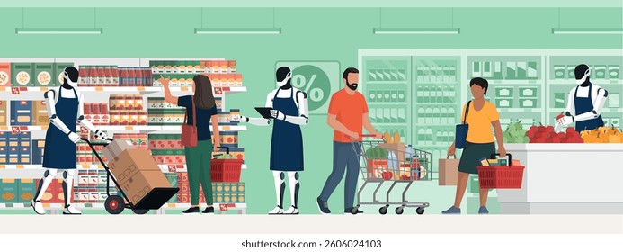 People buying groceries at the supermarket and humanoid robots working as stock clerks and shop assistants: AI and robotics in retail concept