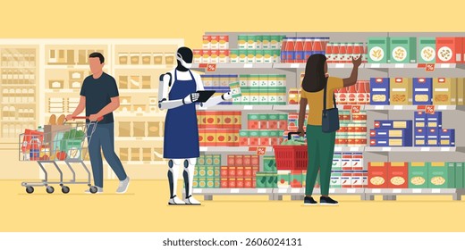People buying groceries at the supermarket and humanoid robot working as stock clerk and shop assistant: AI and robotics in retail concept