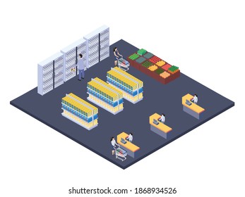 People buying groceries in a supermarket isometric 3d vector