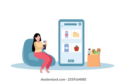 People buying grocery food products in mobile app. Order online grocery with smartphone. Vector illustration in flat style.