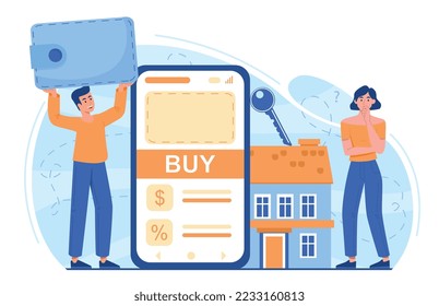 People buying house. Man and woman with smartphone on background of building. Family evaluating deal, realtor and client. Financial Literacy and Investing concept. Cartoon flat vector illustration