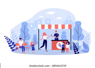 People buying ice cream at stand. City part, children, dessert. Flat vector illustration. Street food, summer, refreshment concept for banner, website design or landing web page